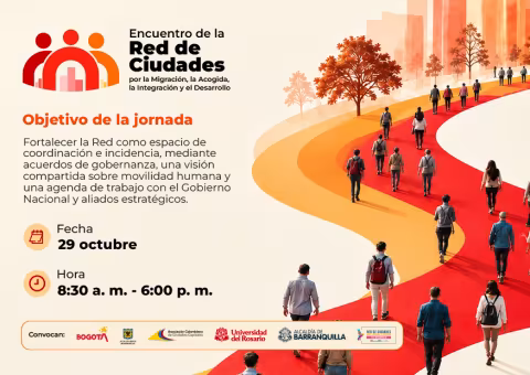 pieza grafica de invitación a Encuentro de la Red de Ciudades por la Migración la Acogida, la Integración y el Desarrollo