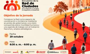 pieza grafica de invitación a Encuentro de la Red de Ciudades por la Migración la Acogida, la Integración y el Desarrollo