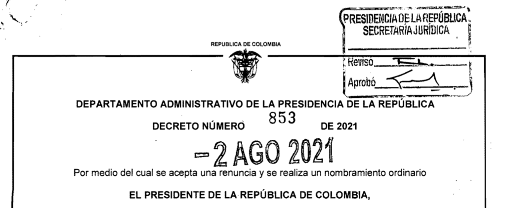 Decreto 853 del 2 de agosto de 2021