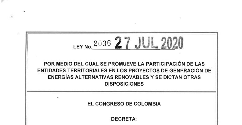 LEY 2036 DEL 27 DE JULIO DE 2020