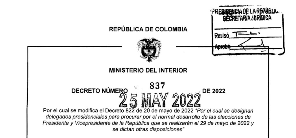DECRETO 837 DEL 25 DE MAYO DE 2022