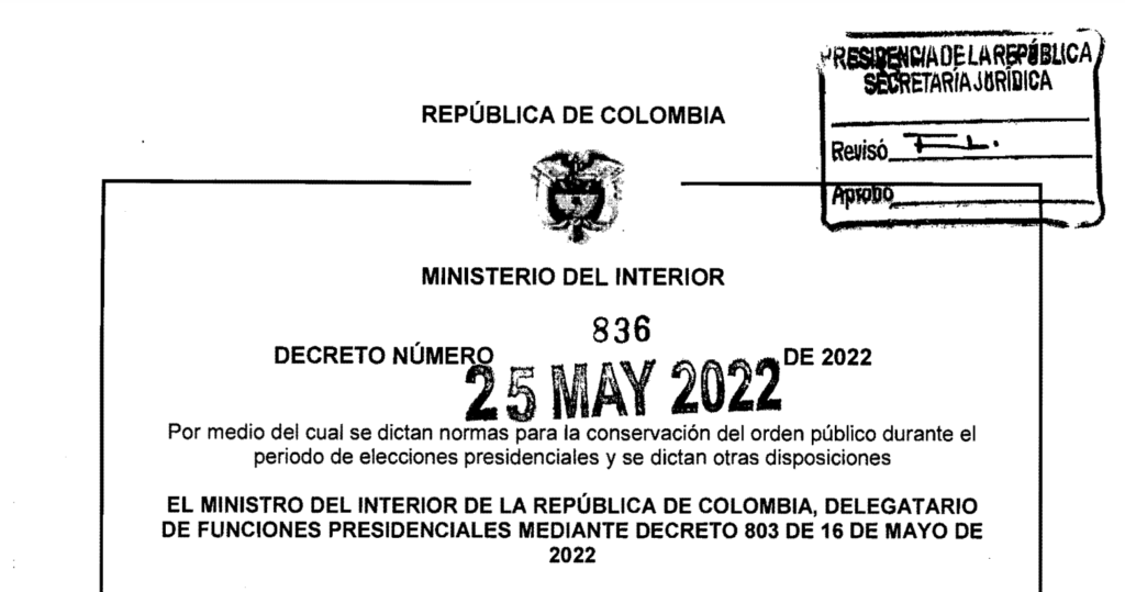 DECRETO 836 DEL 25 DE MAYO DE 2022