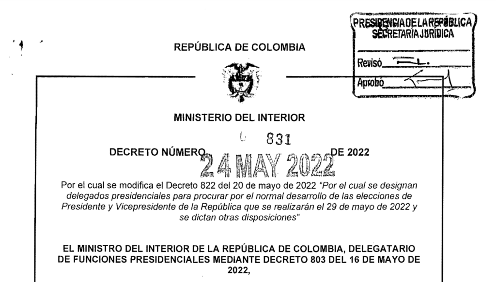 DECRETO 831 DEL 24 DE MAYO DE 2022