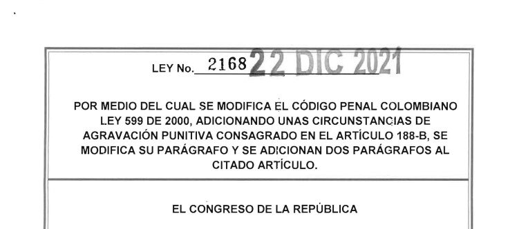 LEY 2168 DEL 22 DE DICIEMBRE DE 2021