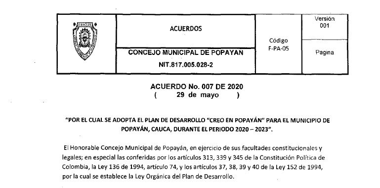 Popayán_Plan de Desarrollo Municipal_2020-2023