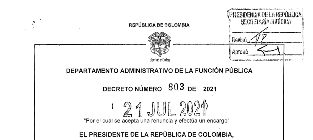 Decreto 803 del 21 de julio de 2021