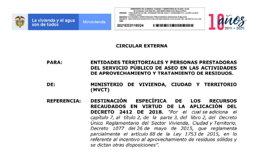 Conozca la Circular sobre “Destinación del Incentivo al Aprovechamiento y Tratamiento de Residuos Sólidos IAT”