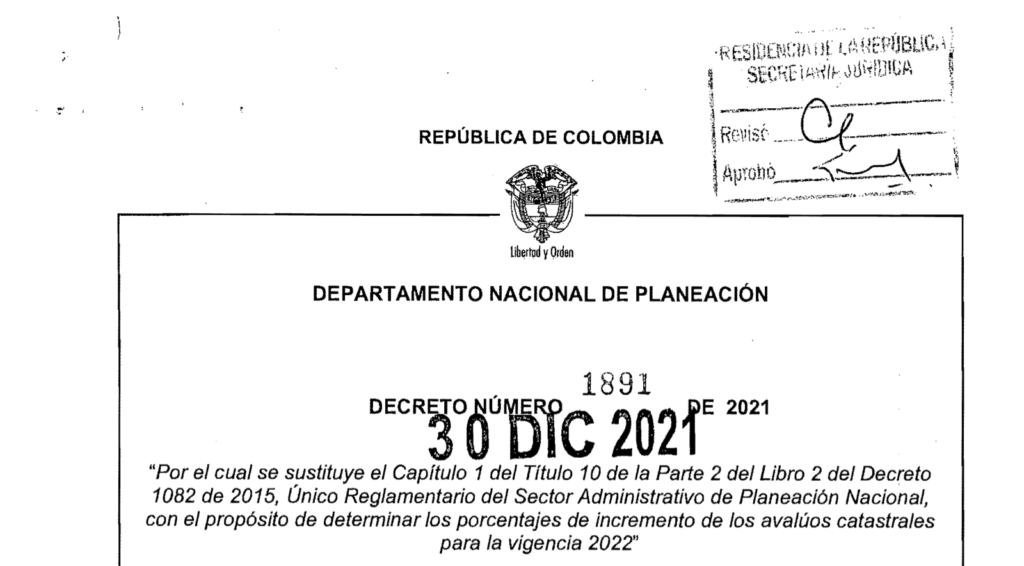 Planeación Nacional expide decreto reglamentario sobre el incremento de avalúos catastrales 2022