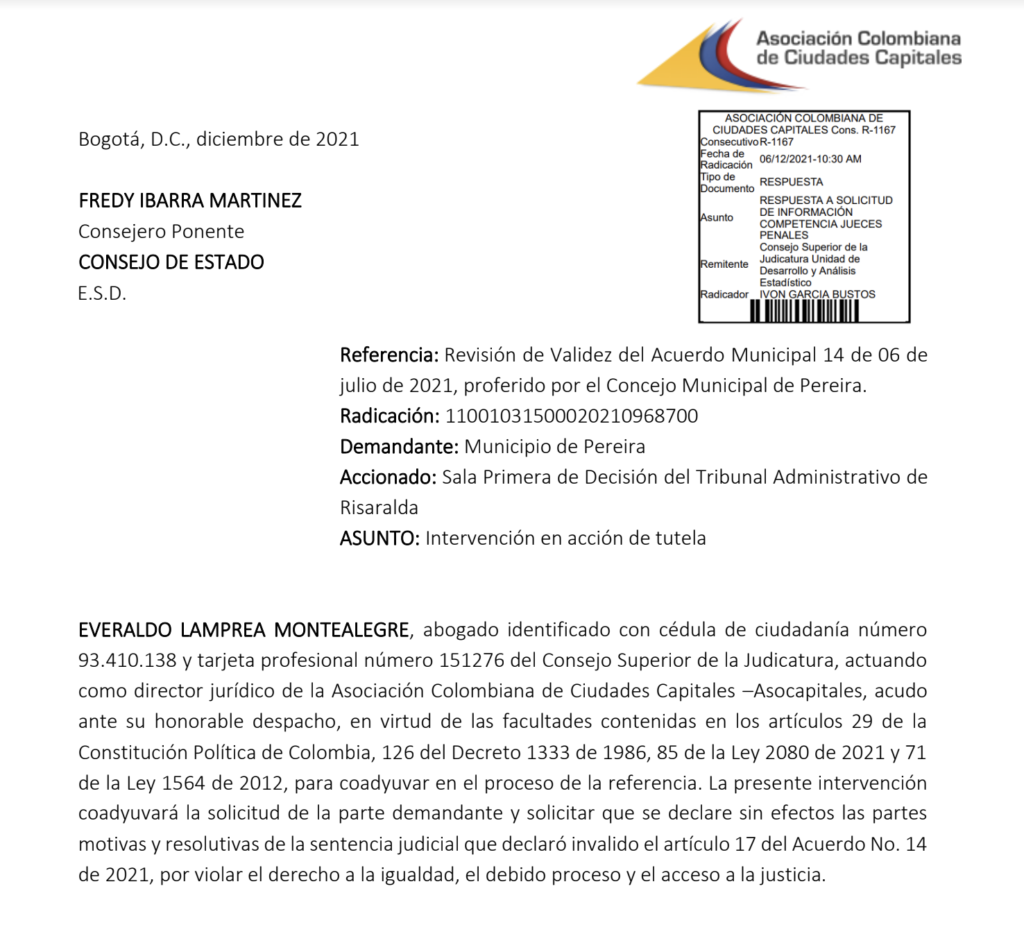 Coadyuvancia en proceso de Tutela presentada por el municipio de Pereira