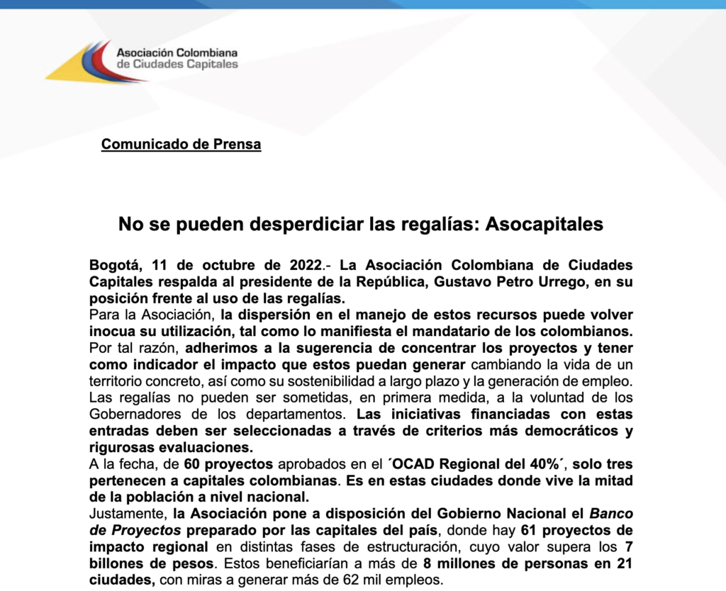 No se pueden desperdiciar las regalías: Asocapitales