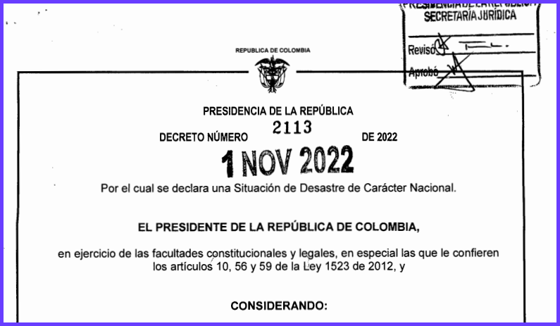 El Gobierno Nacional expidió el Decreto 2113 de 2022 a través del cual se declara una situación de desastre nacional