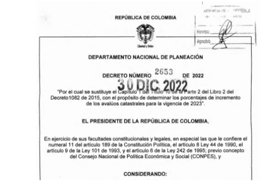 Gobierno nacional expide Decreto 2653 de 2022 que define el reajuste de avalúos catastrales para la vigencia 2023